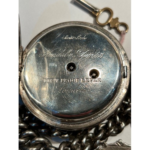 27C - A sterling silver cased pocket watch & a Double Albert chain with fob & T bar. The watch by Kendal &... 