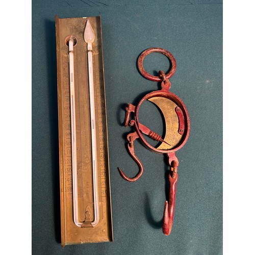 339 - An antique set of steel & brass hanging shop scales (Hall's patent type) and a brass 