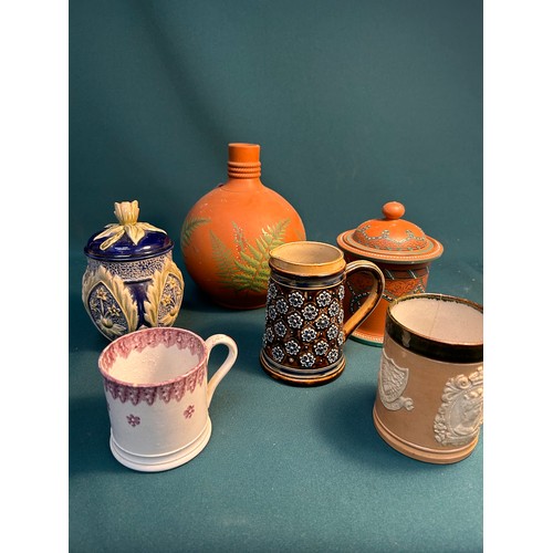 144 - A mixed lot of 19th Century ceramics including a Doulton Lambeth jug,12cm (hairline crack), a Royal ... 