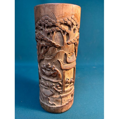 149 - Vintage Chinese carved bamboo brush pot - carved with a garden scene with chess / mahjong players