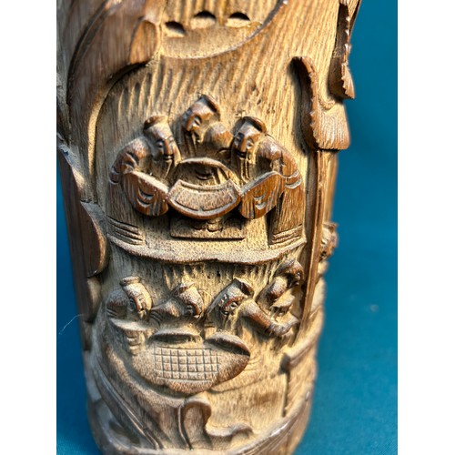 149 - Vintage Chinese carved bamboo brush pot - carved with a garden scene with chess / mahjong players