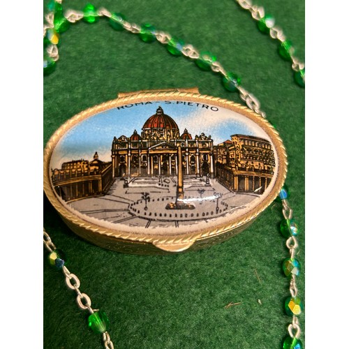 3 - ST PETER'S SQUARE ROME PILL BOX WITH GREEN BEAD AND SILVER METAL ROSARY.