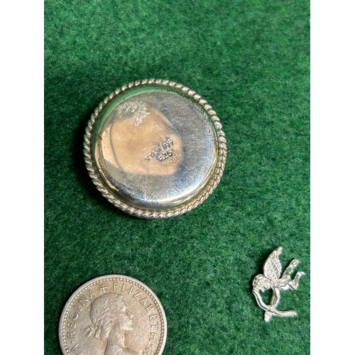 4 - 925 SILVER PILL BOX WITH CONTENTS OF SIVER METAL CHERUB AND A 1956 SIXPENCE. BOX ENGRAVED 'ALL THE L... 