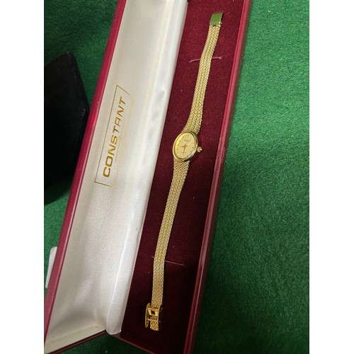 16 - A LADIES GOLD PLATED WRIST WATCH BY CONSTANT