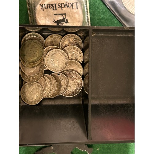 20 - CASH TIN CONTAINING THREEPENNY BITS, SOME SILVER OR PART SILVER AND SEVERAL CROWNS (CHARLES & DIANA,... 