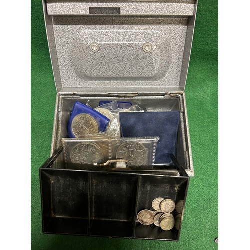 20 - CASH TIN CONTAINING THREEPENNY BITS, SOME SILVER OR PART SILVER AND SEVERAL CROWNS (CHARLES & DIANA,... 