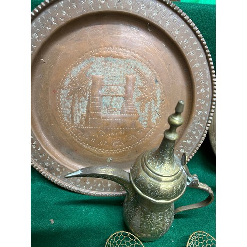 32 - INDIAN & PERSIAN BRASS & COPPER WARE INCLUDING, COPPER TRAY ENGRAVED WITH BUILDING AND PALM TREES, 2... 