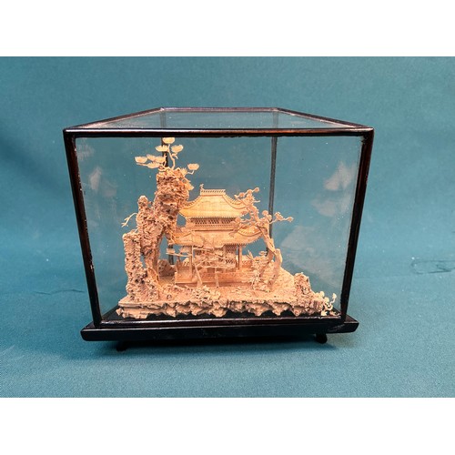 149B - A mid 20th Century Chinese cork diorama with a pagoda in a landscape - very fine carving, in a lacqu... 