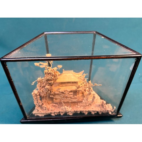 149B - A mid 20th Century Chinese cork diorama with a pagoda in a landscape - very fine carving, in a lacqu... 