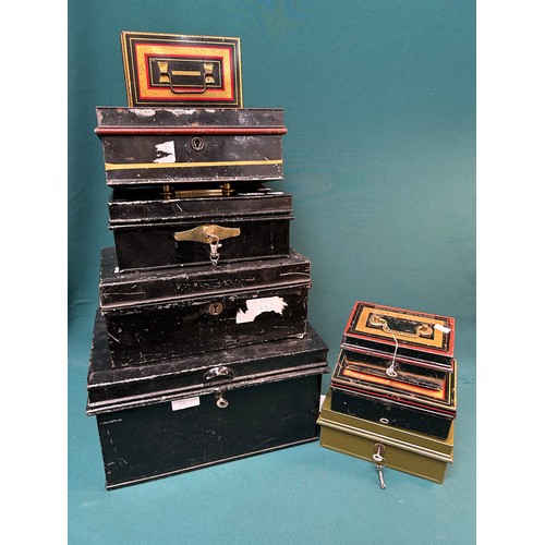 327E - Ten vintage cash boxes including toleware and some with keys and a larger metal box probably for dee... 