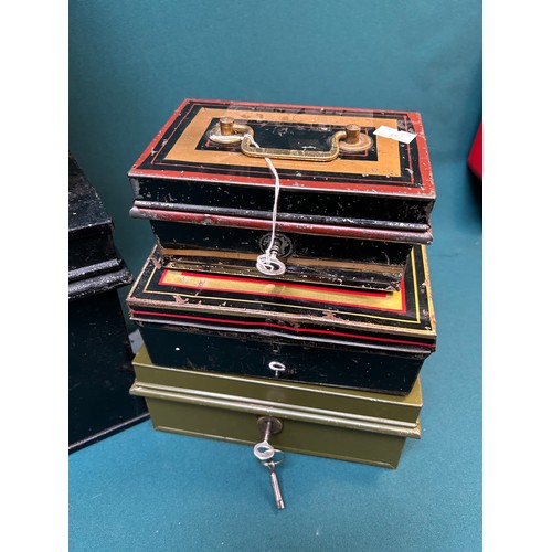 327E - Ten vintage cash boxes including toleware and some with keys and a larger metal box probably for dee... 