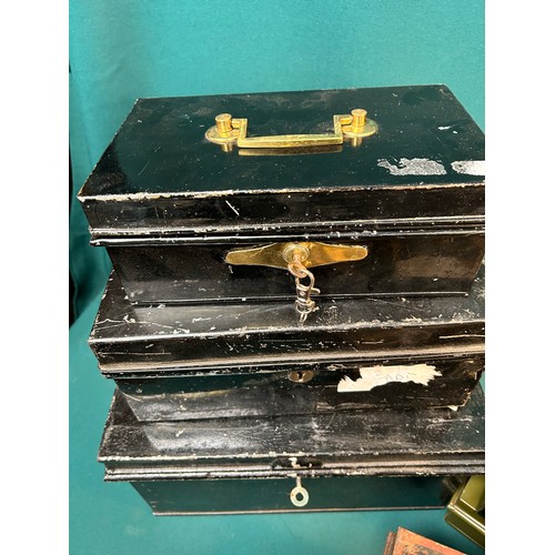 327E - Ten vintage cash boxes including toleware and some with keys and a larger metal box probably for dee... 