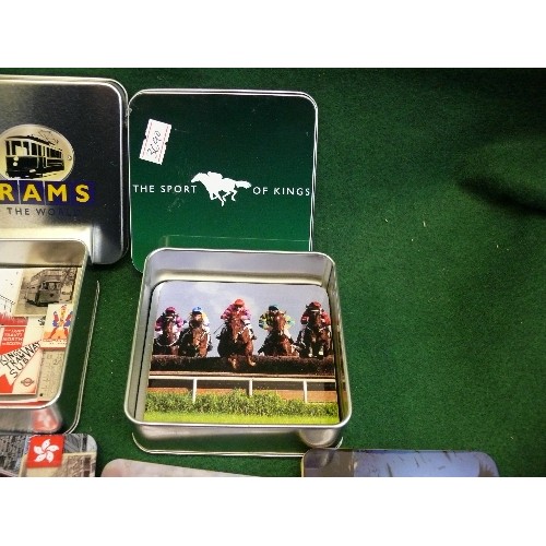 44 - TWO SETS OF 6 COASTERS IN TINS - 'SPORT OF KINGS' AND 'TRAMS'.