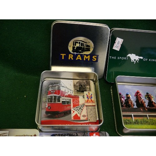 44 - TWO SETS OF 6 COASTERS IN TINS - 'SPORT OF KINGS' AND 'TRAMS'.