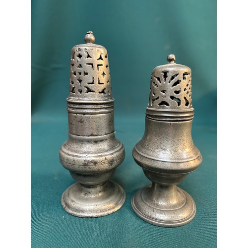 325B - Two Antique pewter sugar casters, probably 18th Century , 15cm & 13cm