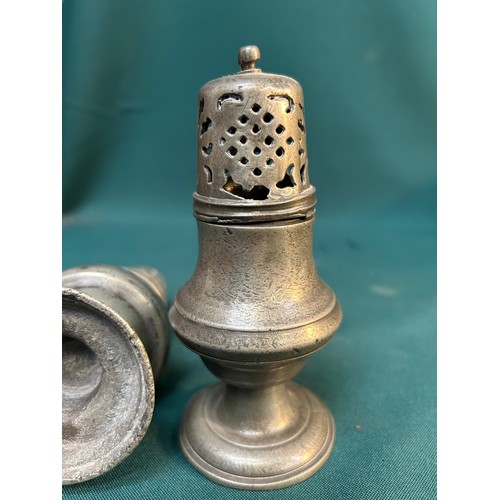 325B - Two Antique pewter sugar casters, probably 18th Century , 15cm & 13cm