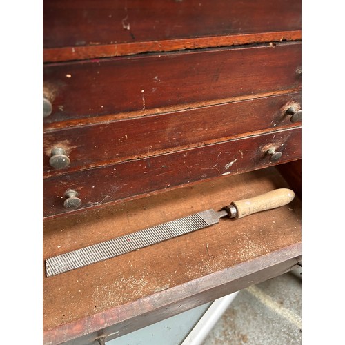 327F - A small antique mahogany 6 drawer tool chest, or collector’s chest with original brass knobs. Needs ... 