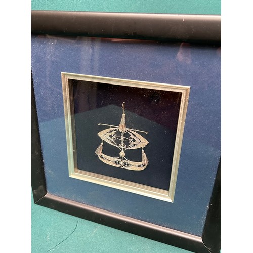 149E - A framed silver wire work ship picture, probably Thai / Far Eastern. 30cm x30cm