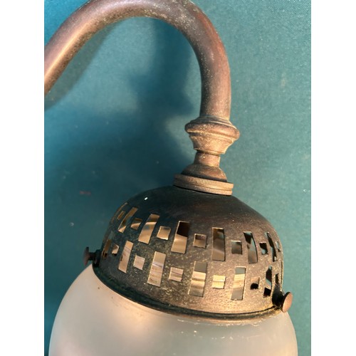 318E - Victorian brass armed gas wall light with frosted glass tear drop shade