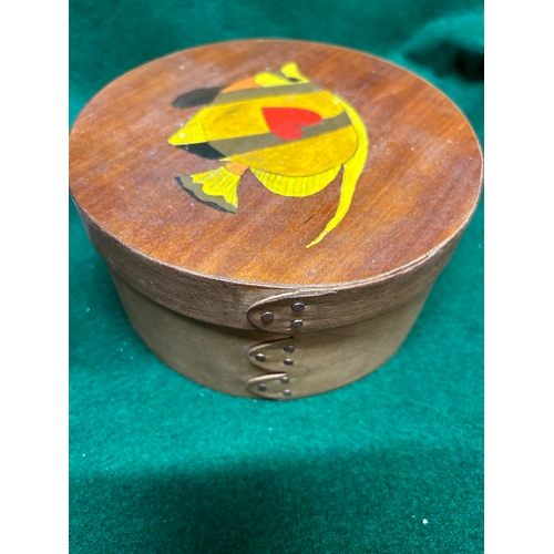 39 - Shaker style wooden box with fish & heart design to lid.