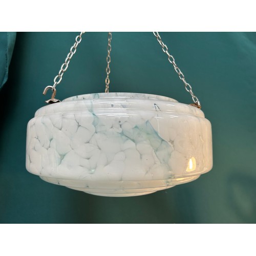 318G - 1930’s mottled glass “flycatcher” type pendant light fitting complete with chains & ceiling rose