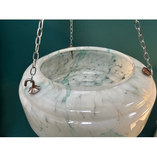 318G - 1930’s mottled glass “flycatcher” type pendant light fitting complete with chains & ceiling rose