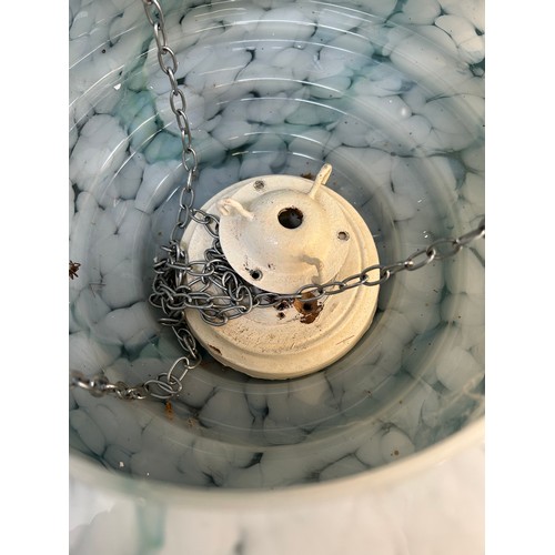 318G - 1930’s mottled glass “flycatcher” type pendant light fitting complete with chains & ceiling rose