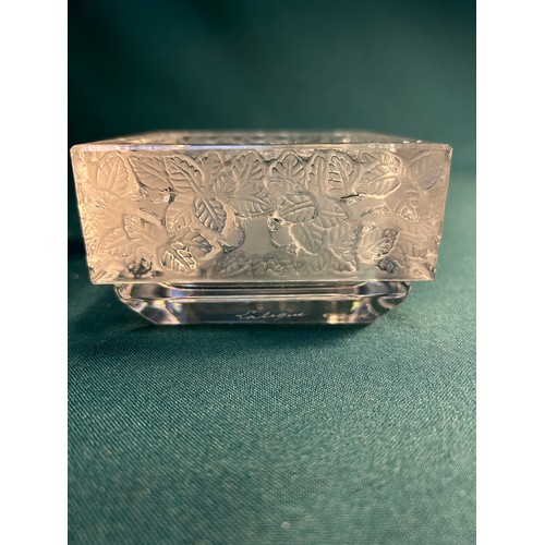 138 - A small Lalique square shaped bowl with a tree & leaf design, 9cm x 9cm x 5.5cm. Signed 