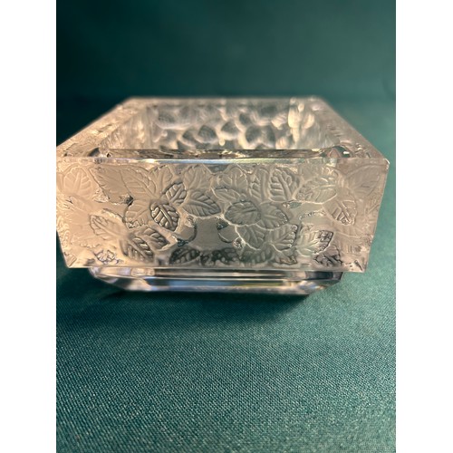 138 - A small Lalique square shaped bowl with a tree & leaf design, 9cm x 9cm x 5.5cm. Signed 