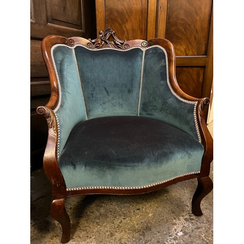 374 - A late 19th Century mahogany framed occasional chair upholstered in teal covered velvet fabric