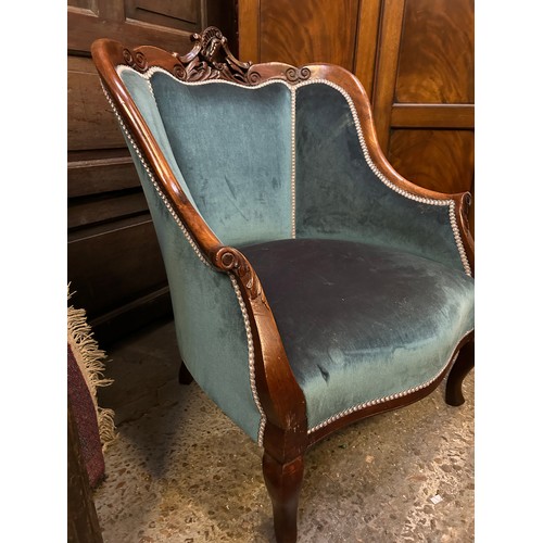 374 - A late 19th Century mahogany framed occasional chair upholstered in teal covered velvet fabric