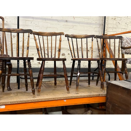 346 - Four early 20th Century stick back penny seat chairs with turned legs and stretchers