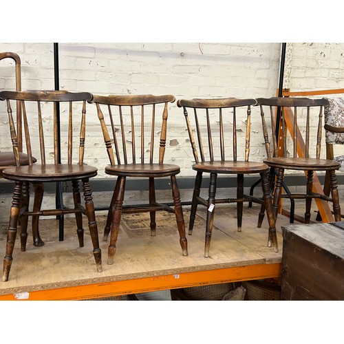 346 - Four early 20th Century stick back penny seat chairs with turned legs and stretchers