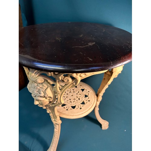 349 - A heavy Victorian Cast Iron pub table with mahogany top. The base has female mask detail to top of t... 