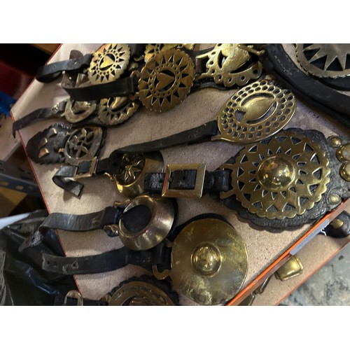 369 - Good selection of antique horse brasses, mostly on straps to include 10 single & double face pieces,... 