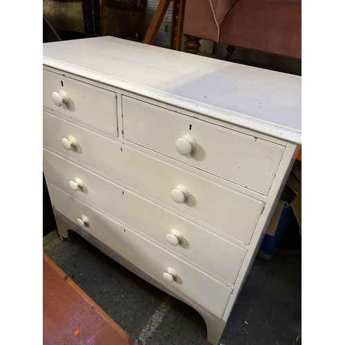 399 - Victorian painted pine chest of drawers, 2 over 3, on tall bracket feet. Original turned knobs