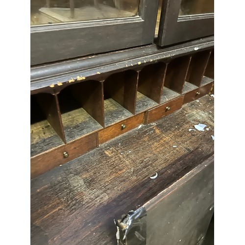 402 - Georgian oak bureau bookcase from a Norfolk country house. With 2 over 3 drawers, on raised bracket ... 