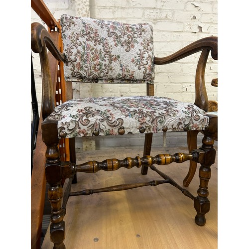 381 - 1920's Jacobean style chair with tapestry seat and back, turned legs & stretchers and shaped arms