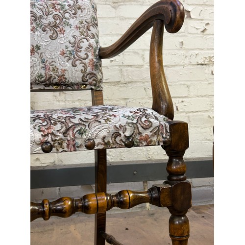 381 - 1920's Jacobean style chair with tapestry seat and back, turned legs & stretchers and shaped arms