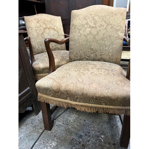 380 - Pair of 1920's mahogany framed armchairs with upholstered sprung seats.