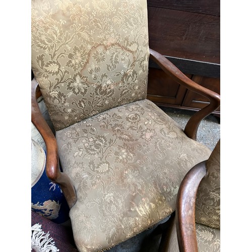 380 - Pair of 1920's mahogany framed armchairs with upholstered sprung seats.