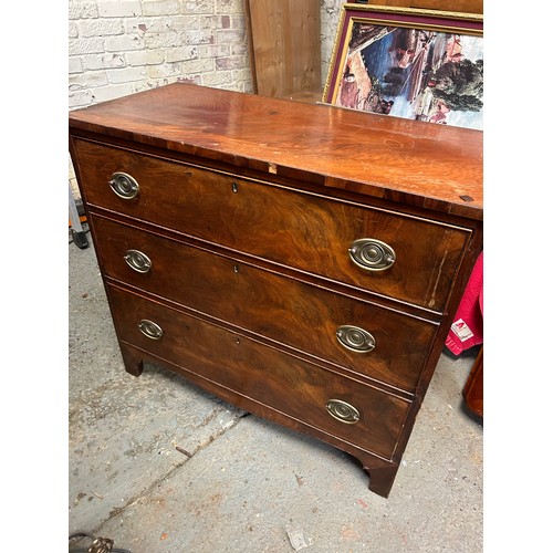 355 - Georgian mahogany chest  of 3 drawers with brass handles. 92cm x 44cm x 86cm