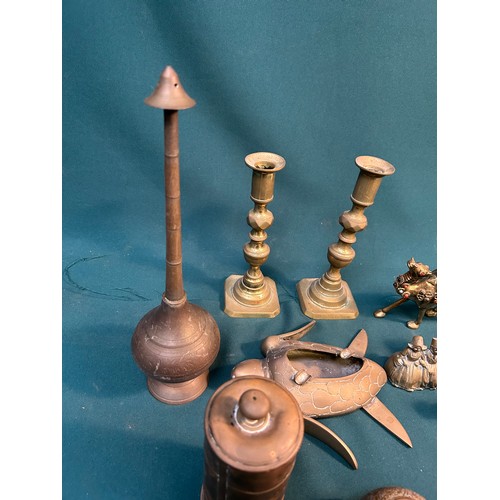 319B - Selection of vintage brassware including an Indian brass rosewater sprinkler, pair Edwardian candles... 