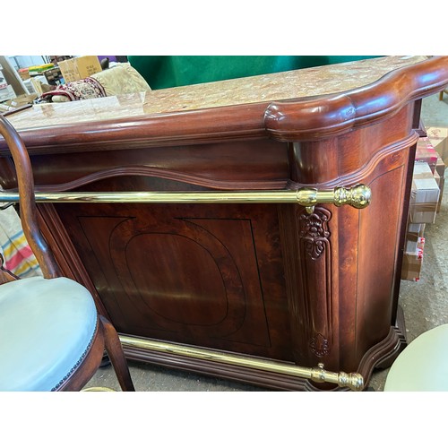 343 - STUNNING HOME BAR WITH MARBLE TOP, HARDWOOD, MAHOGANY STYLE TWO BRASS RAILS (LOWER AND UPPER), CURVE... 