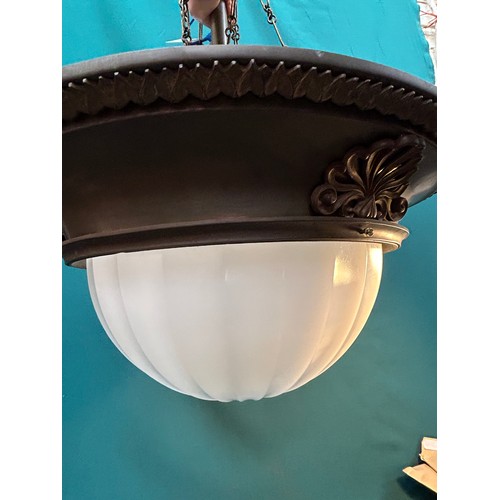 318H - A very large Edwardian pendant light on chains with opalescent glass shade with a bronze metal frame... 