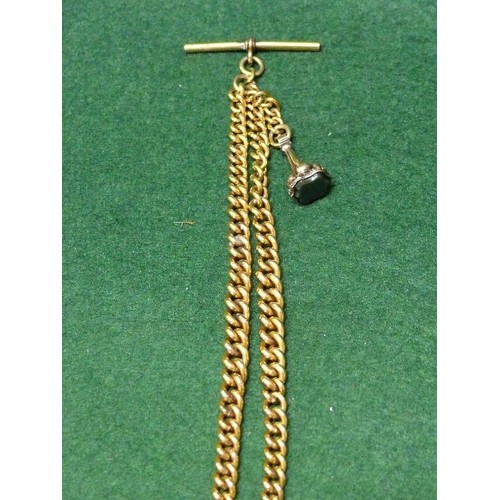 24 - Victorian gilt metal albert watch chain with T Bar and 9ct rose gold (tests) seal fob with serpentin... 