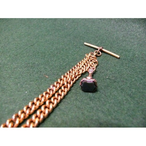 24 - Victorian gilt metal albert watch chain with T Bar and 9ct rose gold (tests) seal fob with serpentin... 