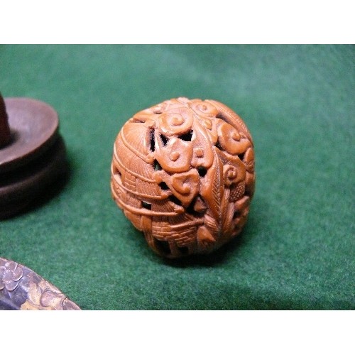 14 - Antique Chinese carved walnut in the form of a miniature Buddhist temple with Buddha, on a turned wo... 