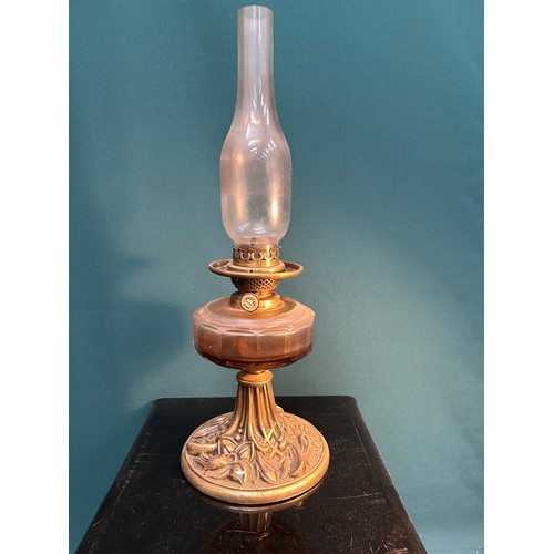 319 - A good late 19th Century Oil Lamp with cut glass font and Art Nouveau design brass stand. The burner... 