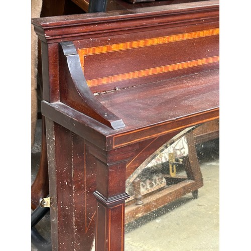 402A - Edwardian mahogany overmantle mirror with shelf & satinwood inlay.  Width 111.5cm, depth 19.5cm and ... 